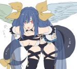  1girl bands black_legwear blue_hair breasts dizzy_(guilty_gear) guilty_gear looking_at_viewer maka_(morphine) open_mouth red_eyes ribbon thigh-highs twintails wings 