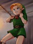  1boy belt blonde_hair blue_eyes boots brown_footwear chain clenched_teeth collar commentary_request erotani eyebrows_visible_through_hair green_headwear green_tunic hat highres holding indoors link male_focus parted_lips pointy_ears shiny shiny_hair short_sleeves solo standing teeth the_legend_of_zelda 