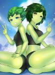  2girls ass back-to-back bare_shoulders bird black_shorts black_tank_top blue_eyes blush breasts clouds colored_skin commission eyebrows_visible_through_hair fang from_side green_eyes green_skin grin hand_on_own_thigh happy highres large_breasts looking_at_viewer midriff monster_girl multiple_girls navel original outdoors pearl_aureyama plant_girl plant_hair short_shorts shorts siblings sisters sitting sky smile tank_top thighs twilight v vanu_aureyama xiaodi 