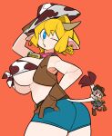  2girls alice_margatroid animal_ears animal_print ass bangs bell belt blonde_hair blue_eyes blue_shorts boots breasts brown_belt brown_footwear brown_gloves brown_vest commentary_request cookie_(touhou) cow_ears cow_girl cow_horns cow_print cow_tail cowbell cowboy_shot gloves grey_hair grey_skirt grey_vest horns kofji_(cookie) large_breasts long_sleeves looking_at_viewer minigirl mouse_ears mouse_girl mouse_tail multiple_girls nazrin neck_bell one_eye_closed open_mouth orange_background red_eyes scotch_(cookie) shirt short_hair shorts simple_background skirt tail tail_grab tied_shirt touhou vest web_(cookie) white_shirt 