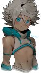  1boy absurdres bare_shoulders blue_eyes blush character_name closed_mouth euros_(niwarhythm) grey_hair hair_between_eyes highres looking_at_viewer male_focus niwarhythm original short_hair simple_background smile solo upper_body white_background 