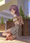  1girl arms_behind_back bare_legs barefoot blush bound bound_arms breasts building day exhibitionism feet from_behind full_body grey_skirt highres himitsu_(hi_mi_tsu_2) long_hair looking_at_viewer looking_back miniskirt open_mouth original outdoors plant pleated_skirt potted_plant purple_hair rope school school_uniform shibari shibari_over_clothes shirt short_sleeves skirt small_breasts soles solo_focus sunlight tied_up toes violet_eyes white_shirt 