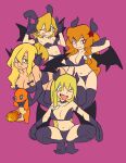  &gt;_&lt; 4girls :q \m/ alternate_costume azusa_(cookie) bandeau bangs black_bra black_legwear black_panties blonde_hair blue_bow bow bra braid breasts bright_pupils brown_eyes charmander closed_mouth commentary cookie_(touhou) curled_horns demon_girl demon_horns demon_wings fang full_body green_eyes hair_between_eyes hair_bow highres horns jack-o&#039;-lantern kirisame_marisa large_breasts long_hair looking_at_viewer mars_(cookie) multiple_girls one_eye_closed open_mouth orange_hair panties pokemon pumpkin red_eyes red_star rei_(cookie) scotch_(cookie) side_braid simple_background single_braid small_breasts smile squatting star_(symbol) thigh-highs tongue tongue_out touhou underwear uzuki_(cookie) white_bow white_pupils wings yellow_eyes 