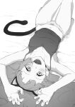  1girl :d animal_ears armpits bare_arms bare_legs bare_shoulders barefoot blush bow bow_panties cat_ears cat_tail claw_pose copyright_request fangs greyscale hair_spread_out hands_up highres legs_together looking_at_viewer lying monochrome navel on_back open_mouth osame panties smile solo stomach tail underwear 