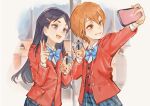  2girls :d blue_eyes bow cellphone commentary_request futari_wa_precure hair_ornament hairclip happy highres long_hair misumi_nagisa multiple_girls open_mouth orange_eyes orange_hair phone precure purple_hair school_uniform selfie short_hair skirt smartphone smile thino0203 v yukishiro_honoka 