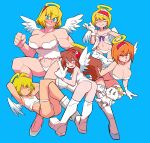  5girls alice_margatroid angel angel_wings armpits arms_behind_head ass babydoll bangs blonde_hair blue_eyes boots bra breasts brown_hair camisole cigarette closed_mouth colored_inner_hair commentary_request cookie_(touhou) crop_top earrings eyebrows_visible_through_hair flat_chest food-themed_hair_ornament frilled_hairband frills full_body hair_between_eyes hair_ornament hairband halo highres hinase_(cookie) holding holding_cigarette ichigo_(cookie) jewelry jigen_(cookie) kneehighs large_breasts long_hair looking_at_viewer looking_back medium_breasts multicolored_hair multiple_girls open_mouth orange_hair panties purple_hair red_hairband sakuranbou_(cookie) scotch_(cookie) short_hair simple_background small_breasts smile strawberry_hair_ornament stuffed_animal stuffed_bunny stuffed_toy symbol-shaped_pupils taisa_(cookie) thigh-highs thigh_boots touhou underwear wavy_mouth white_bra white_camisole white_footwear white_legwear white_panties white_wings wings yen_sign 