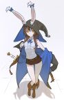  1girl animal_ears belt boots braid breasts brown_hair coat frills hat highres hks_(timbougami) original rabbit_ears sheath sheathed shorts solo sword twin_braids twintails weapon witch_hat yellow_eyes 