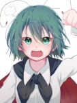  1girl =3 annoyed antennae bangs black_cape blush breasts cape collared_shirt commentary_request eyebrows_visible_through_hair green_eyes green_hair hair_between_eyes highres looking_at_viewer open_mouth red_cape shirt short_hair simple_background small_breasts snow_to_you solo tears touhou two-sided_cape two-sided_fabric upper_body white_background white_shirt wriggle_nightbug 