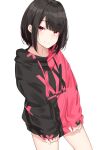  1girl absurdres bangs black_hair blush eyebrows_visible_through_hair hair_ornament highres hood hoodie ichiki_1 looking_at_viewer no_pants original pink_eyes shoes short_hair shorts smile solo two-tone_shirt white_background 