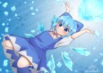  1girl arms_up bangs blue_background blue_bow blue_dress blue_eyes blue_footwear blue_hair blush bow bowtie cirno closed_mouth collar collared_shirt dress eyebrows_visible_through_hair flying gradient gradient_background hair_between_eyes hands_up ice ice_wings looking_to_the_side puffy_short_sleeves puffy_sleeves red_bow red_neckwear rital shirt shoes short_hair short_sleeves smile socks solo touhou twitter_username white_background white_legwear white_shirt wings 