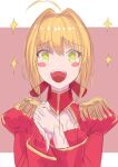  1girl ahoge bangs blush breasts coat eyebrows_behind_hair eyebrows_visible_through_hair fate/extra fate/extra_ccc fate/grand_order fate_(series) herigaru_(fvgyvr000) highres holding_hands looking_at_viewer military military_uniform nero_claudius_(fate) open_mouth red_background simple_background smile solo star_(symbol) uniform upper_body white_background 