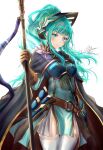  1girl absurdres alternate_costume alternate_hairstyle aqua_dress aqua_eyes aqua_hair armor armored_dress bangs belt blush breastplate brown_belt brown_gloves cape clear_glass_(mildmild1311) closed_mouth commentary_request cosplay dress eirika_(fire_emblem) ephraim_(fire_emblem) ephraim_(fire_emblem)_(cosplay) fire_emblem fire_emblem:_the_sacred_stones fire_emblem_heroes floating_hair gauntlets gloves hair_ornament high_ponytail highres holding holding_polearm holding_spear holding_weapon long_hair looking_at_viewer official_alternate_costume pelvic_curtain polearm ponytail sidelocks signature simple_background smile solo spear thigh-highs twitter_username upper_body weapon white_background white_legwear zettai_ryouiki 