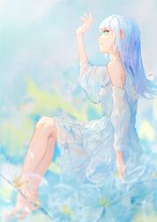  1girl arm_up barefoot blue_hair blurry blurry_background blurry_foreground commentary_request depth_of_field detached_sleeves dress from_side green_eyes highres kisei2 long_hair long_sleeves original profile puffy_long_sleeves puffy_sleeves see-through sitting sleeveless sleeveless_dress solo white_dress white_sleeves 