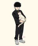  1boy animal artist_name black_hair black_jacket black_pants blunt_bangs cat commentary full_body gakuran gatoiberico highres holding holding_animal holding_cat jacket kageyama_shigeo long_sleeves looking_at_animal male_focus mob_psycho_100 open_mouth pants school_uniform shoes short_hair simple_background smile sneakers solo standing symbol-only_commentary 