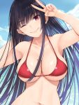  1girl ;) arm_behind_head bangs bikini black_hair blue_sky blunt_bangs breasts clouds cocq_taichou commentary_request copyright_request day eyebrows_visible_through_hair fingernails highres long_hair looking_at_viewer mole mole_on_breast navel one_eye_closed red_bikini red_eyes sky smile solo swimsuit v wet 