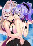  2girls ;) alternate_costume ayanami_(azur_lane) ayanami_(nightfall_raiment)_(azur_lane) azur_lane bangs bare_back breasts collarbone commentary_request dancing edoara eyebrows_visible_through_hair from_behind green_eyes hair_between_eyes hair_ornament hair_scrunchie hairclip hand_on_another&#039;s_hip headgear highres javelin_(azur_lane) long_hair looking_at_viewer looking_back multiple_girls official_alternate_costume one_eye_closed orange_eyes ponytail purple_hair retrofit_(azur_lane) scrunchie sideboob sidelocks silver_hair smile 