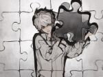  1boy baggy_clothes bangs collared_shirt death_note grey_eyes highres holding jigsaw_puzzle long_sleeves male_focus mvrl near puzzle puzzle_piece shirt short_hair silver_hair solo white_background white_hair 