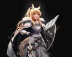  1girl absurdres animal_ear_fluff animal_ears arknights armor armored_dress bangs black_background blemishine_(arknights) blonde_hair cape dress eyebrows_visible_through_hair fur-trimmed_cape fur_trim grey_dress hair_between_eyes highres horse_ears horse_girl horse_tail long_hair looking_at_viewer ponytail shield simple_background smile solo sword tail very_long_hair vincent_ky weapon yellow_eyes 