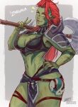  1girl armor artist_name axe border breasts character_name colored_skin cowboy_shot english_commentary eyebrows_visible_through_hair green_skin grey_background hand_on_hip holding holding_axe iahfy large_breasts long_hair looking_at_viewer muscular muscular_female navel orc patreon_username pointy_ears redhead shoulder_armor shoulder_spikes skull solo spikes tattoo teeth tongue tusks twitter_username watermark white_border yellow_eyes zargala 