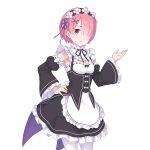  apron dress hand_on_hip looking_at_viewer maid maid_apron maid_headdress official_art pantyhose pink_hair princess_connect! ram_(re:zero) red_eyes transparent_background white_pantyhose 