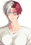 1boy alternate_eye_color bangs bespectacled boku_no_hero_academia closed_mouth collarbone glasses grey_eyes grey_hair highres looking_at_viewer male_focus ohcome_yone redhead semi-rimless_eyewear shiny shiny_hair shirt short_hair simple_background solo todoroki_shouto upper_body white_background white_shirt 