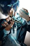  1boy bishounen black_jacket black_ribbon blue_eyes blue_hair dress_shirt gekkoukan_high_school_uniform hair_over_one_eye holding holding_sword holding_weapon jacket long_sleeves looking_at_viewer lor_(roasyerizyonirapi) male_focus neck_ribbon open_clothes open_jacket open_mouth persona persona_3 ribbon school_uniform shiny shiny_hair shirt short_hair solo sword upper_body watch watch weapon white_background white_shirt yuuki_makoto 