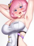  1girl 1nilla&#039; armpits arms_behind_head asymmetrical_clothes bangs blue_eyes blush breasts elysia_(honkai_impact) eyebrows_visible_through_hair hair_ornament heart heart-shaped_pupils highres honkai_(series) honkai_impact_3rd large_breasts looking_at_viewer open_mouth pink_hair revealing_clothes simple_background smile solo strapless sweat symbol-shaped_pupils tube_top upper_body white_background 