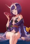  1girl absurdres bangs bare_shoulders bob_cut breasts collarbone cup eyeliner fate/grand_order fate_(series) gyuu highres horns japanese_clothes kimono long_sleeves looking_at_viewer makeup obi off_shoulder oni oni_horns open_mouth purple_hair purple_kimono revealing_clothes sakazuki sash short_hair short_kimono shuten_douji_(fate) sitting skin-covered_horns small_breasts smile solo violet_eyes wide_sleeves 