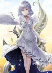  1girl alternate_costume braid breasts bridal_gauntlets commentary_request crown_braid dress elbow_gloves feathered_wings finger_to_mouth gloves kishin_sagume looking_at_viewer medium_breasts red_eyes shushing silver_hair single_wing solo touhou white_dress white_gloves white_wings wings y2 