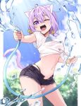  1girl ahoge animal_ear_fluff animal_ears bikini bikini_under_clothes black_bikini black_shorts blue_sky cat_ears cat_girl cat_tail cowboy_shot cropped_shirt cross fang holding holding_hose hololive hose midriff navel nekomata_okayu one_eye_closed open_mouth outdoors purple_hair shirt short_hair short_shorts shorts sky solo sunlight swimsuit symbol_in_eye tail tied_shirt tree violet_eyes water white_shirt yumi_(koumotoyumi) 