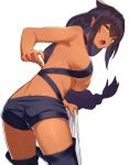  1girl black_legwear black_shorts braid braided_ponytail breasts commentary_request dark-skinned_female dark_skin fang from_behind gatling033 highres jahy jahy-sama_wa_kujikenai! large_breasts long_hair looking_at_viewer looking_back open_mouth pointy_ears shorts simple_background solo thigh-highs white_background yellow_eyes 