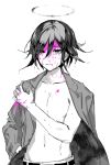  1boy absurdres bangs belt black_hair blood blood_on_face blood_on_hands collarbone commentary_request danganronpa_(series) danganronpa_v3:_killing_harmony flipped_hair hair_between_eyes halo hand_in_pocket hand_up highres jacket jacket_on_shoulders looking_at_viewer male_focus navel ouma_kokichi pants parted_lips pink_blood sanmian_(chidarakeno) short_hair simple_background solo white_background 