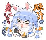  &gt;_&lt; 1girl :3 animal_ear_fluff animal_ears black_gloves blue_hair bow braid breasts carrot_hair_ornament chopsticks closed_eyes don-chan_(usada_pekora) eyebrows_visible_through_hair food-themed_hair_ornament fur-trimmed_gloves fur_trim gloves hair_bow hair_ornament hololive matarou_(matarou072) multicolored_hair open_mouth rabbit_ears rabbit_girl ramen small_breasts smile solo steam thick_eyebrows translation_request transparent_background twin_braids two-tone_hair upper_body usada_pekora virtual_youtuber white_hair 