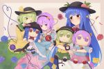  3girls blue_flower blue_hair blue_rose doll eyebrows_visible_through_hair floral_print flower food-themed_hair_ornament frilled_shirt_collar frills fumo_(doll) green_eyes green_hair hair_between_eyes hair_ornament hat hat_ribbon heart heart_of_string highres hinanawi_tenshi holding holding_doll kanpa_(campagne_9) komeiji_koishi komeiji_satori long_hair long_sleeves looking_back multiple_girls one_eye_closed peach_hair_ornament petals pink_hair puffy_short_sleeves puffy_sleeves red_eyes ribbon rose rose_petals rose_print short_hair short_sleeves siblings sisters smile spoken_blush third_eye touhou violet_eyes wide_sleeves yellow_flower yellow_rose 