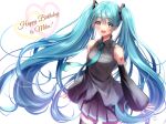  1girl :d amagi_shino bangs black_legwear black_skirt black_sleeves blue_hair blue_neckwear breasts character_name collared_shirt commentary detached_sleeves dress_shirt eyebrows_visible_through_hair green_eyes grey_shirt hair_between_eyes happy_birthday hatsune_miku heart highres long_hair long_sleeves looking_at_viewer necktie open_mouth pleated_skirt shirt simple_background skirt sleeveless sleeveless_shirt sleeves_past_wrists small_breasts smile solo thigh-highs tie_clip twintails upper_teeth very_long_hair vocaloid white_background wide_sleeves 