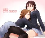  2girls brown_eyes brown_hair closed_eyes closed_mouth glasses hair_ornament hairclip happy_birthday hirasawa_yui k-on! kagiana manabe_nodoka multiple_girls pantyhose red-framed_eyewear school_uniform semi-rimless_eyewear short_hair skirt smile under-rim_eyewear 