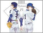  2boys ace_of_diamond back ball baseball_cap baseball_helmet baseball_jersey baseball_mitt baseball_uniform belt brown_eyes brown_hair hand_grab hat helmet holding holding_ball kitanti looking_at_viewer male_focus miyuki_kazuya multiple_boys pants sawamura_eijun short_hair smile sportswear teeth visor white_pants 