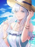  1girl anastasia_(fate) anastasia_(swimsuit_archer)_(fate) bangs bare_shoulders blue_dress blue_eyes blue_sky blush bracelet breasts collarbone dress earrings fate/grand_order fate_(series) hair_over_one_eye hairband hat jewelry large_breasts long_hair looking_at_viewer necklace pendant seki_(sekixview) silver_hair sky smile solo straw_hat very_long_hair 
