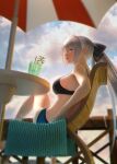  1girl absurdres bare_arms bare_shoulders beach_umbrella bikini black_bikini black_bow blue_bikini blue_eyes bow breasts closed_mouth clouds cloudy_sky cup day drink drinking_glass fate/grand_order fate_(series) from_side hair_bow highres huge_filesize large_breasts lips long_hair looking_at_viewer looking_to_the_side mismatched_bikini morgan_le_fay_(fate) nanaken_nana outdoors ponytail profile sideboob sideways_glance silver_hair sitting sky smile solo sunlight swimsuit table umbrella very_long_hair wooden_chair 