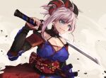  1girl arm_up belt blue_eyes braid breasts fate/grand_order fate_(series) hair_ornament hairband herigaru_(fvgyvr000) holding holding_sword holding_weapon japanese_clothes katana kimono large_breasts long_hair miyamoto_musashi_(fate) pink_hair simple_background smile solo sword upper_body weapon white_background 