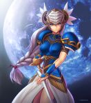  1girl armor armored_dress blue_armor blue_eyes braid breastplate full_moon helmet hybridmink lenneth_valkyrie long_hair looking_at_viewer moon serious silver_hair sword valkyrie_profile weapon winged_helmet 