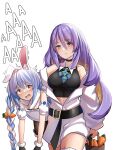  2girls animal_ears bangs bare_shoulders blonde_hair blue_hair braid breasts carrot_hair_ornament eyebrows_visible_through_hair food-themed_hair_ornament hair_ornament highres hololive looking_at_viewer moona_hoshinova multicolored_hair multiple_girls open_mouth purple_hair rabbit_ears sidelocks usada_pekora violet_eyes virtual_youtuber white_hair wing_collar zeroyama 