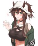  1girl absurdres animal_ears arknights black_choker breasts brown_hair choker crop_top dated ears_through_headwear green_eyes green_jacket hair_ornament heart highres jacket long_hair long_sleeves looking_at_viewer maiq06 medium_breasts meteor_(arknights) meteor_(bard&#039;s_holiday)_(arknights) midriff navel official_alternate_costume open_clothes open_jacket simple_background smile solo star_(symbol) star_hair_ornament stomach upper_body waving white_background white_headwear wristband 