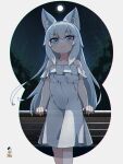  1girl animal_ear_fluff animal_ears arm_support bangs bare_shoulders blue_eyes blush closed_mouth commentary commission dress eyebrows_visible_through_hair full_moon ghost grey_hair hair_between_eyes highres kuro_kosyou long_hair looking_at_viewer moon night night_sky off-shoulder_dress off_shoulder original skeb_commission sky smile solo star_(sky) starry_sky very_long_hair white_dress 