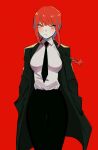  1girl bangs black_jacket black_neckwear black_pants braid breasts chainsaw_man dress_shirt expressionless film_grain hands_in_pockets highres hyoon_(sockgyu) jacket long_hair long_sleeves looking_at_viewer makima_(chainsaw_man) necktie pants red_background redhead shirt sidelocks simple_background solo white_shirt yellow_eyes 