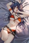  1girl animal_ear_fluff animal_ears arknights arm_strap armpits arms_up bandaid bandaid_on_leg bangs bare_legs bare_shoulders bed_sheet belt bikini black_hair blush breasts brown_eyes choker collarbone commentary_request extra_ears feet_out_of_frame fingernails front-tie_bikini front-tie_top gradient_hair halterneck highres knee_up large_breasts long_fingernails long_hair looking_at_viewer lying miniskirt multi-strapped_bikini multicolored_hair nail_polish navel on_back parted_lips pink_nails purple_hair red_bikini red_choker ru_zhai see-through side_slit skirt solo stomach string_bikini swimsuit texas_(arknights) thigh_gap thighs under_boob very_long_hair wolf_ears yellow_eyes 