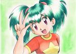  1girl :d bangs commentary_request duplica_(pokemon) eyebrows_visible_through_hair eyelashes green_background green_hair hand_up highres long_hair looking_at_viewer oka_mochi open_mouth orange_shirt pokemon pokemon_(anime) pokemon_(classic_anime) shirt short_sleeves smile solo tied_hair tongue traditional_media twintails upper_body violet_eyes w 