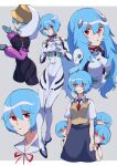  1girl ayanami_rei bangs black_bodysuit blue_hair bodysuit breasts clone evangelion:_3.0+1.0_thrice_upon_a_time eyebrows_visible_through_hair full_body hands_clasped hands_over_breasts highres iganashi1 interface_headset long_hair looking_at_viewer medium_breasts multiple_girls neon_genesis_evangelion own_hands_together plugsuit rebuild_of_evangelion red_eyes school_uniform short_hair simple_background white_bodysuit 