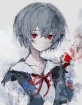  1girl :/ artist_name ayanami_rei bangs blue_hair closed_mouth eyebrows_visible_through_hair hair_between_eyes highres looking_at_viewer neck_ribbon neon_genesis_evangelion red_eyes red_neckwear red_ribbon ribbon school_uniform shirt short_hair solo tabmur upper_body white_shirt 