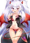  1girl aru_(arudes) bare_shoulders bikini black_jacket blush bombergirl collarbone demon_girl demon_horns demon_tail demon_wings eyebrows_visible_through_hair fang grey_hair grim_aloe highres horns index_finger_raised jacket long_hair long_sleeves looking_at_viewer open_mouth red_bikini red_eyes smile solo swimsuit tail twintails very_long_hair wings 